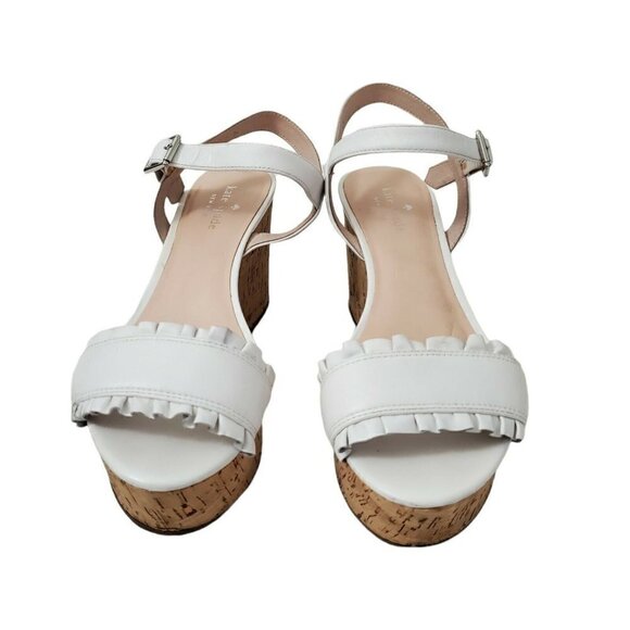 Kate Spade Tomas Wedges Sandals 8.5 White Cork Platform Heel Leather‎ Open-Toe - Picture 1 of 12